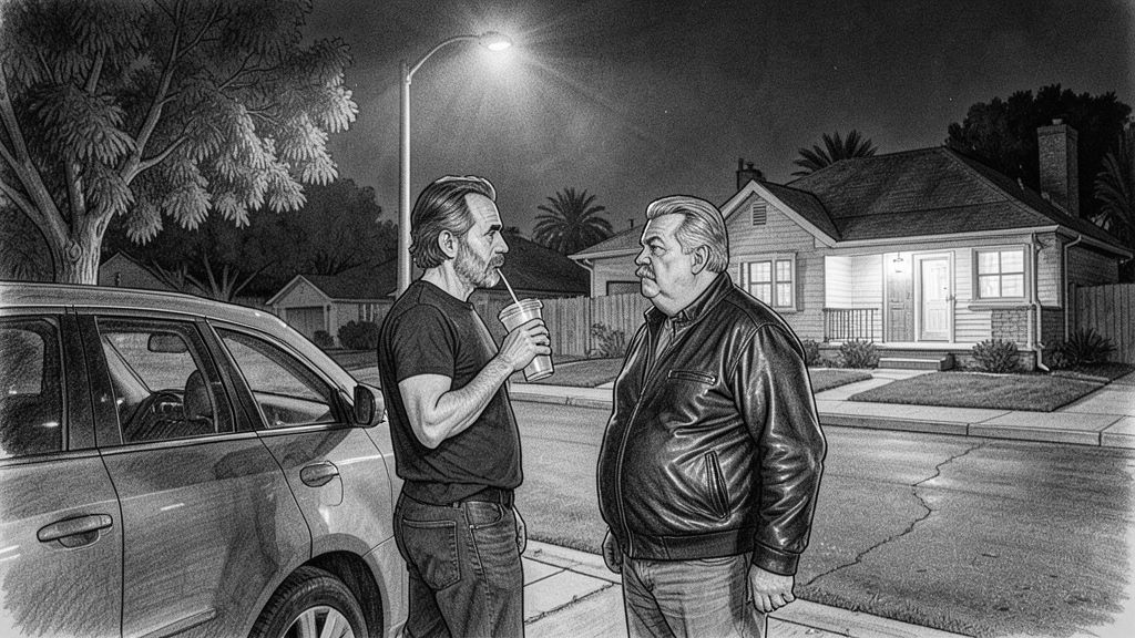 Wide night shot from behind a parked car on a quiet suburban street: QUENTIN and MICHAEL standing beside it under a street lamp, MICHAEL sipping from a big fountain cup with a straw, a small tidy house with a lit porch light across the street in the background.