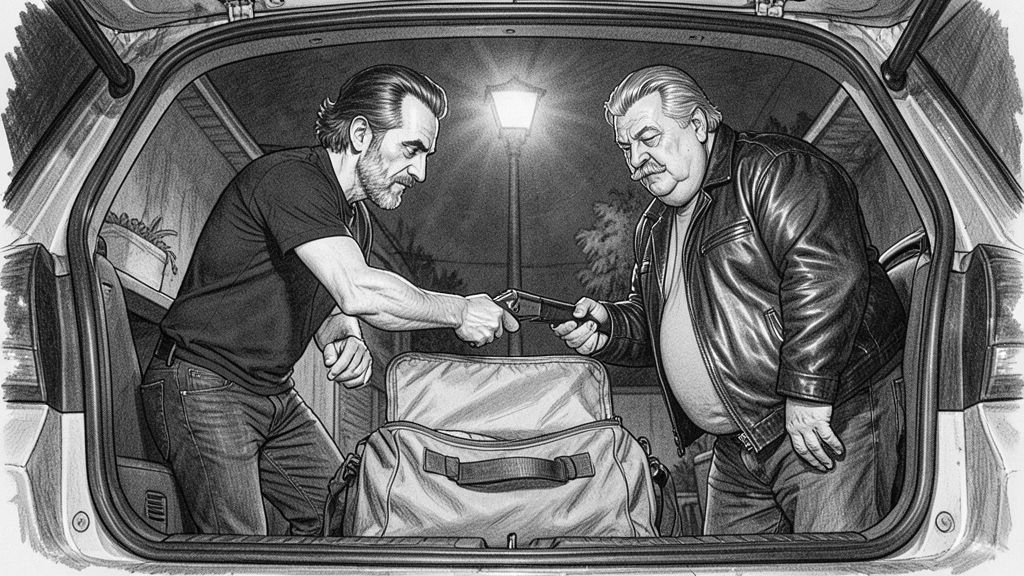 Low angle from inside a car trunk looking up past an open duffel bag: MICHAEL and QUENTIN leaning over the open trunk at night, MICHAEL handing QUENTIN a pump shotgun, a street light behind their heads.