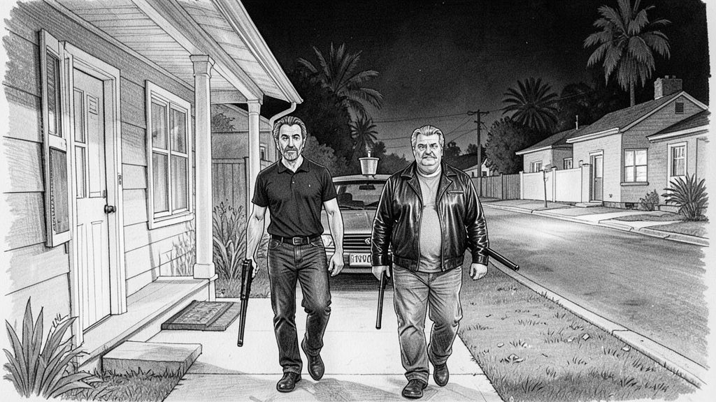 Wide night shot from a small front porch looking back toward the street: QUENTIN and MICHAEL walking up the path toward camera carrying shotguns low, a parked car behind them with a fountain cup still sitting on its roof.
