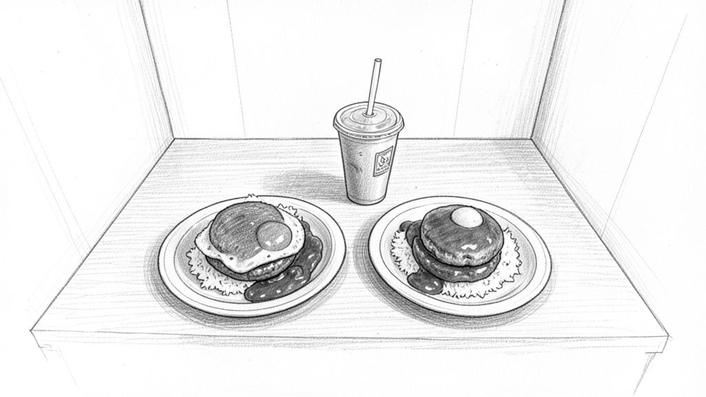 Top-down insert of two large plates of loco moco on a restaurant table, rice topped with burger patties, fried eggs and brown gravy, two forks digging in, two glasses of iced tea at the edges. No faces.