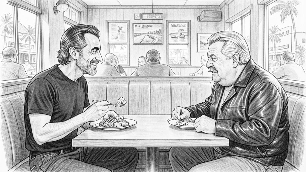 Two-shot in side profile across a restaurant booth in bright daylight: QUENTIN on the left with a fork full of food, smiling, and MICHAEL on the right leaning in, both with big plates in front of them.