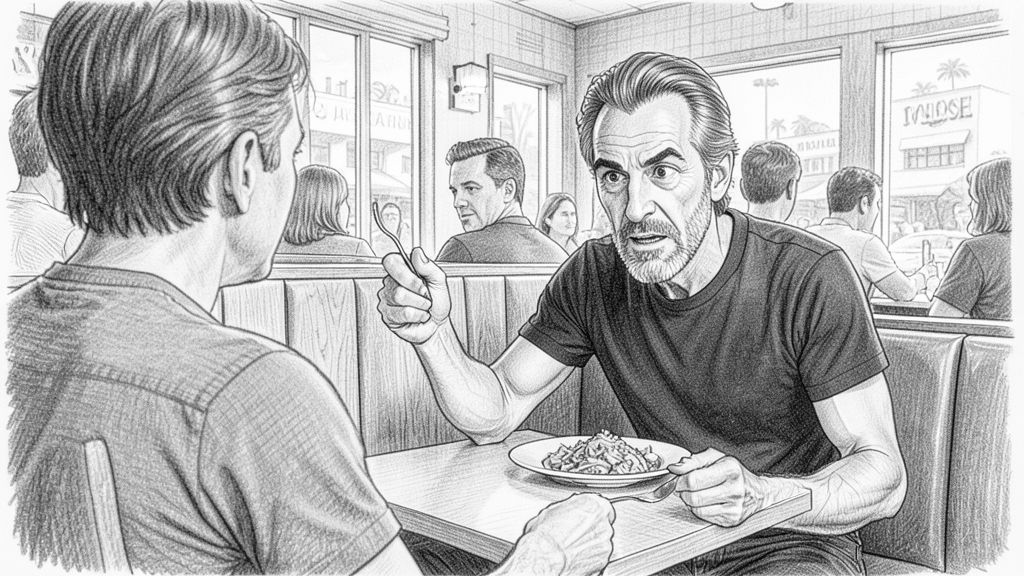 Medium close-up over a shoulder in the foreground: QUENTIN in a restaurant booth leaning forward over his plate, eyebrows raised, explaining the plan with his fork in the air, bright restaurant behind him.