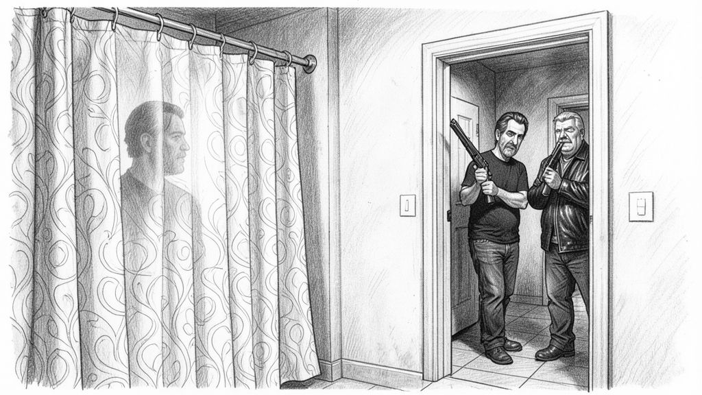 Medium shot from inside a small steamy bathroom: a closed patterned shower curtain filling the left foreground with a soft silhouette of a man's head behind it, and in the open doorway on the right QUENTIN and MICHAEL holding shotguns, frozen, listening.