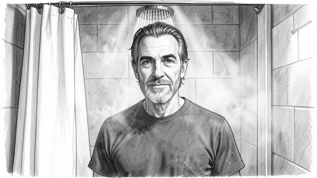 Medium close-up, shoulders up only, through thick steam: ROBOT standing under a shower spray, wet hair flattened, calm and gentle expression, the edge of a pulled-back shower curtain on one side of the frame. Nothing below the shoulders.
