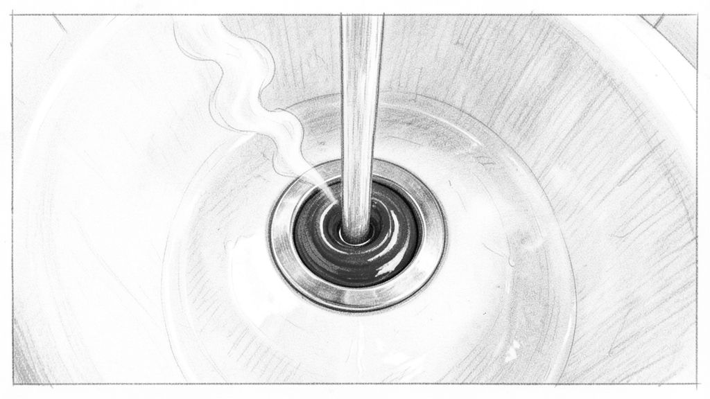 Top-down close-up of a white bathtub drain under running shower water, a swirl of bright, glossy, unrealistic cartoon-red liquid spiralling down into it, steam drifting across. No body, nothing else in frame.