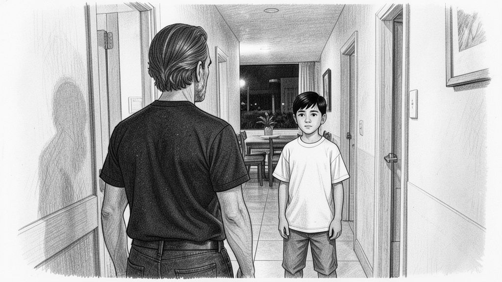 Medium close-up of the BOY standing in a bathroom doorway with a dim hallway behind him, calm and unbothered, hands in his pockets, steam drifting across the foreground past the shoulder of a man holding a lowered shotgun.