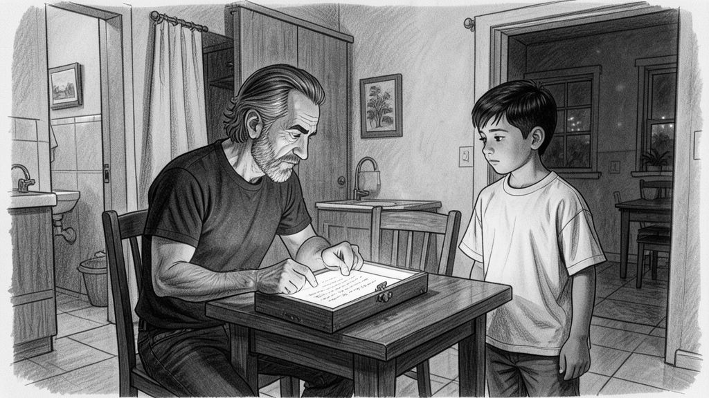 Medium shot across a family dining table at night: QUENTIN opening a suitcase on the table, a warm golden glow pouring up out of it and lighting his face from below, MICHAEL leaning in beside him, a shotgun resting against a chair.