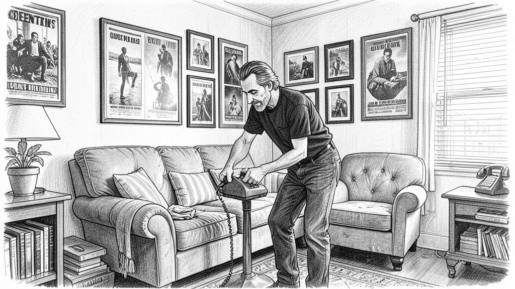 Wide shot, eye level, of a cosy cluttered living room with framed film posters and a worn armchair: QUENTIN in a BLACK shirt and dark jeans picking up a ringing landline phone from a side table, daylight through the blinds.