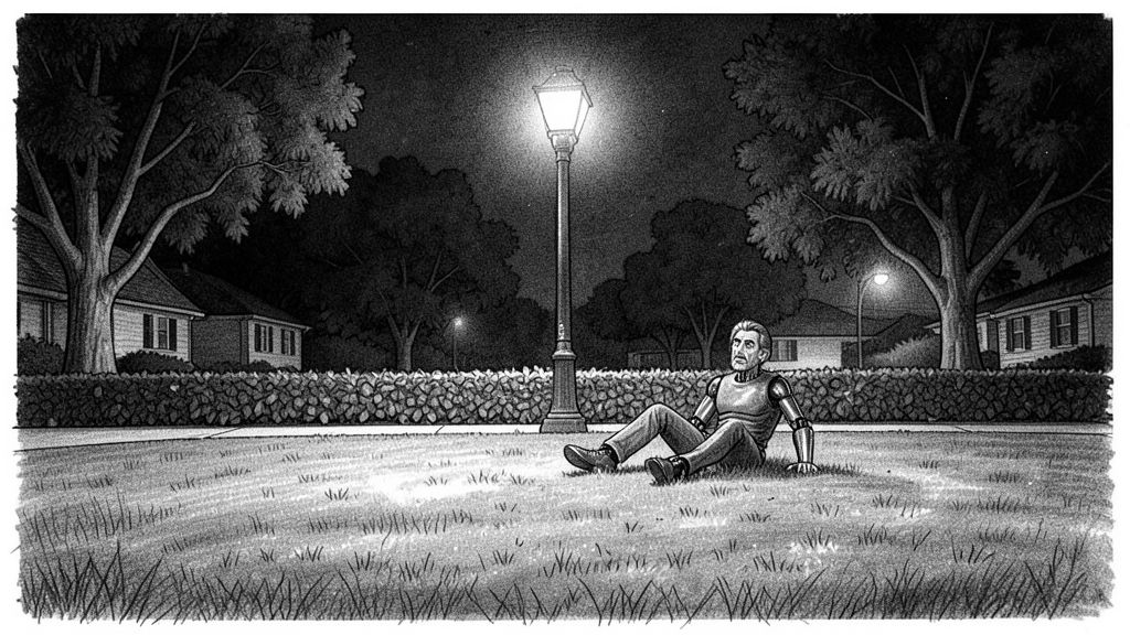 Wide night shot of an empty suburban park lit by a single lamp post: ROBOT sitting up in the grass behind a low hedge, visible only from the shoulders up, looking around in confusion, dark trees behind.