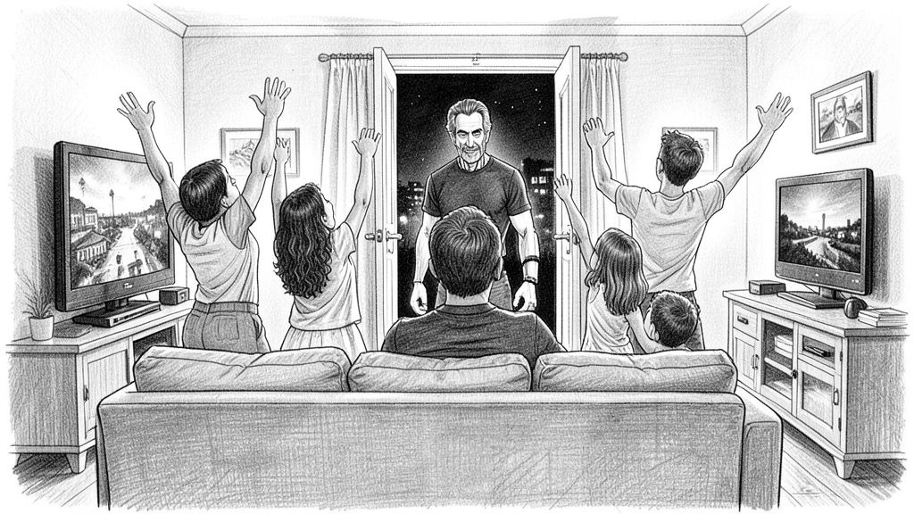 Interior living room at night seen from behind a couch: a Guatemalan family of five leaping up with arms raised in joy toward the open front door, where ROBOT stands visible only from the chest up behind the father's shoulder, TV glow on the walls.