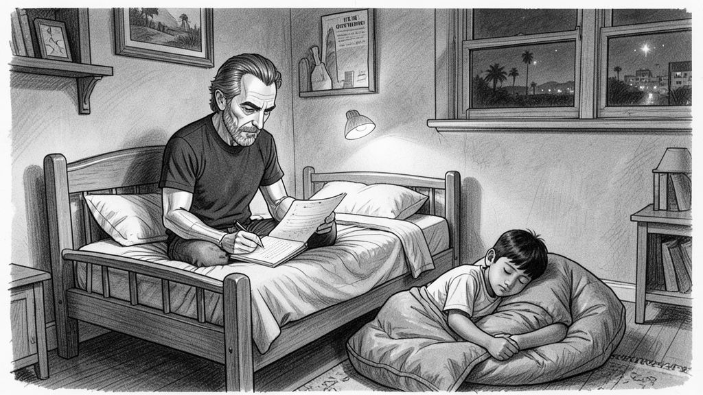 Night in a small boy's bedroom lit by one desk lamp: ROBOT sitting up wide awake in a narrow kid's bed writing longhand on a yellow legal pad, while BOY sleeps curled on a sleeping bag on the floor beside the bed.