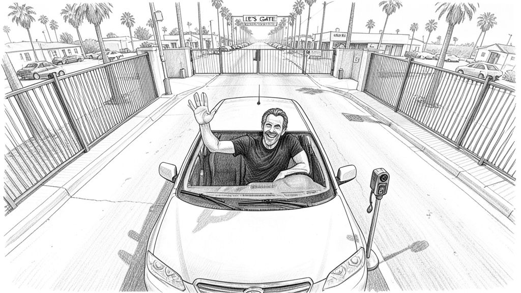 High-angle, wide-lens security-camera view looking straight down from the top of a gate: QUENTIN leaning out of the driver's window of his car, grinning and waving up at the lens, an intercom post beside the car.