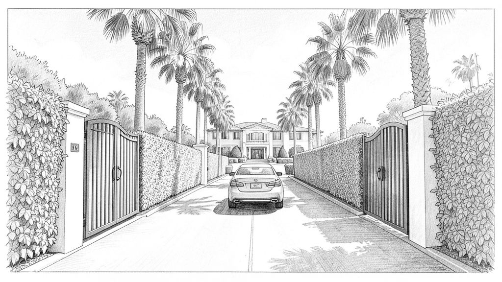 Wide shot, eye level: a tall private gate swinging open between hedge walls, a car rolling through it up a long palm-lined driveway toward a big house, sunny day. No people visible.