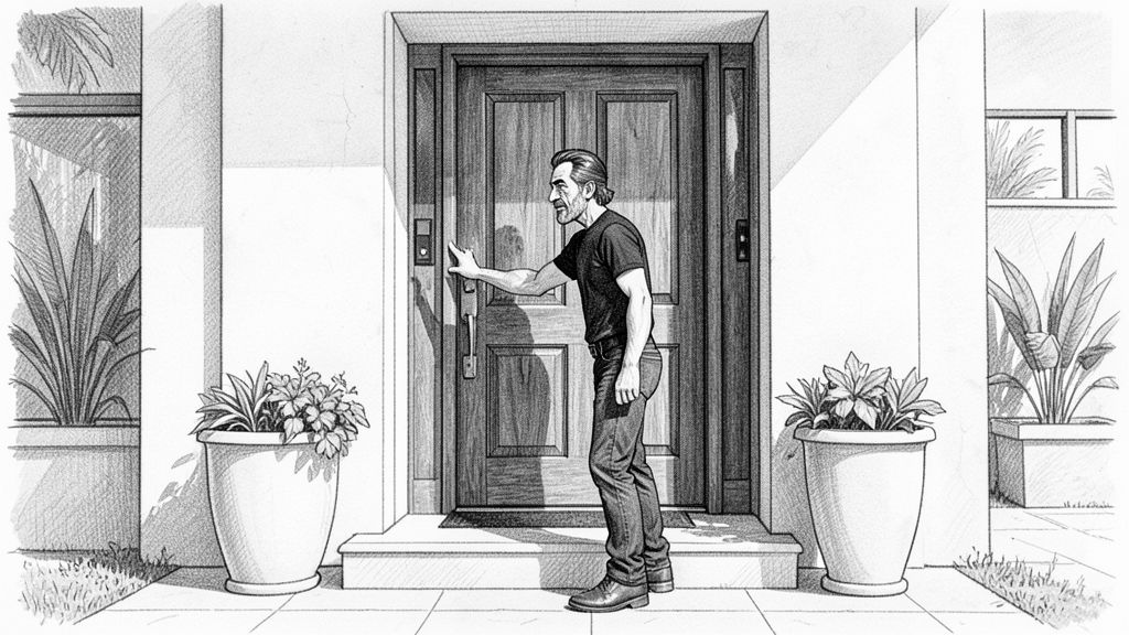 Wide shot, eye level, of the entrance of a large modern house with a tall wooden front door: QUENTIN standing on the step knocking on the door, sunny day, planters either side.