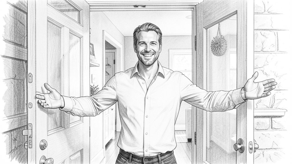 Medium shot over a shoulder in the foreground: LEO, framed from the waist up, standing in an open doorway with a big welcoming grin and his arms open, bright house interior behind him.