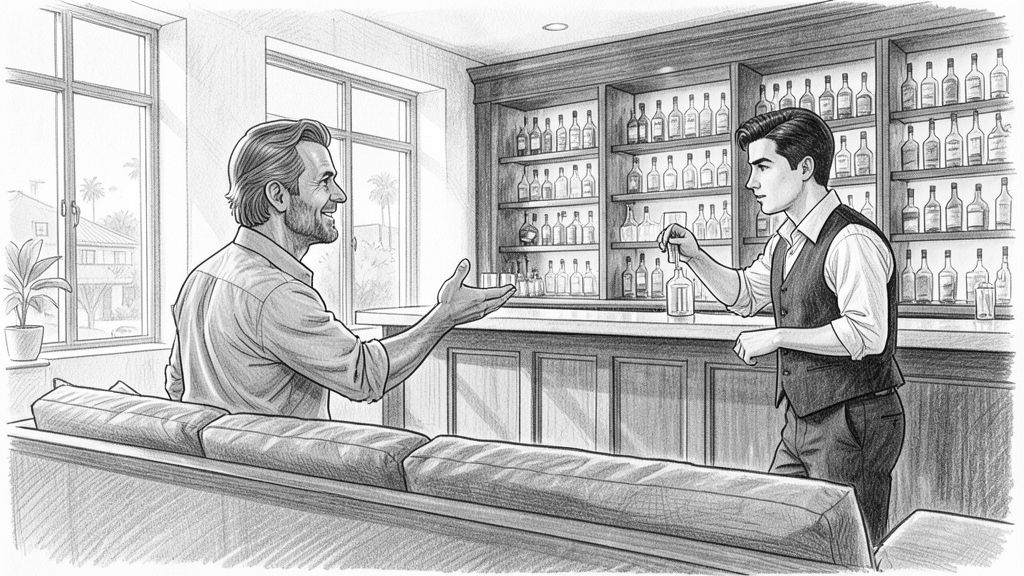 Wide shot of a sunlit modern living room: LEO in a salmon shirt gesturing to the right toward a long, fully stocked home bar, where TOMMY stands behind the counter polishing a glass, rows of bottles glowing on the shelves behind him.