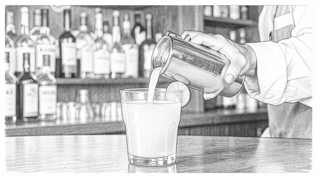 Close insert at bar-top level: a cocktail shaker pouring a pale gold margarita into a big glass with a lime wheel on the rim and no salt, a bartender's hand in a rolled white sleeve holding the shaker, bottles blurred behind. No faces.
