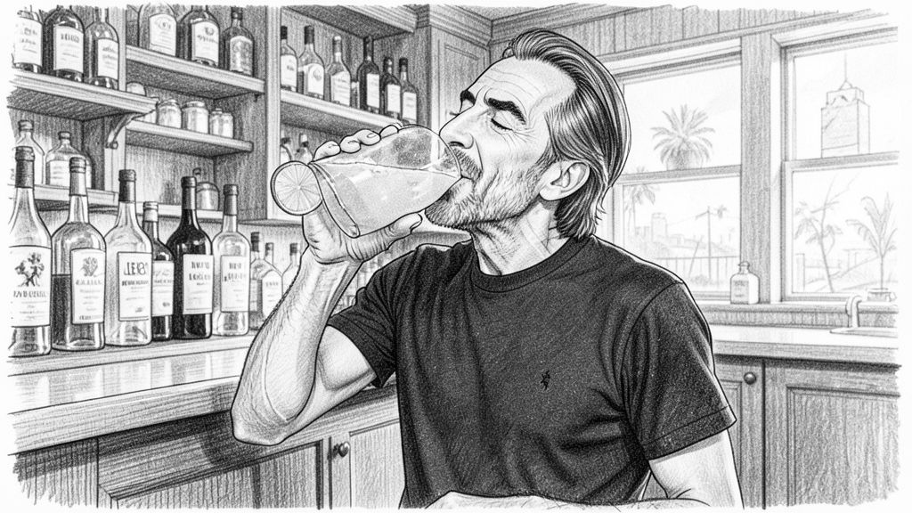 Medium close-up of QUENTIN at a home bar tilting back a big margarita glass with a lime wheel for a long gulp, eyes closed in bliss, eyebrows raised, bottles soft behind him.