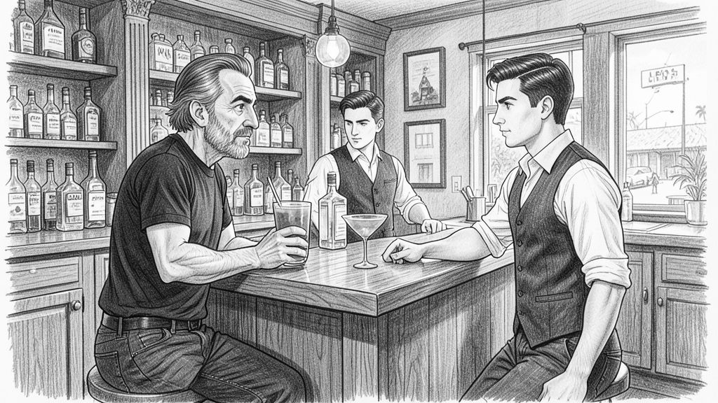 Wide profile shot along a home bar: QUENTIN on a bar stool holding a green juice with a straw and nodding yes, TOMMY behind the bar already reaching for a tequila bottle, an empty margarita glass on the counter between them.