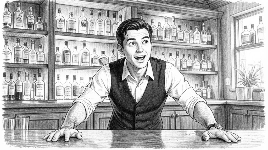 Medium close-up of TOMMY behind a home bar, leaning in with both hands flat on the counter, eyes lit up mid-story, rows of liquor bottles glowing on the shelves behind him.