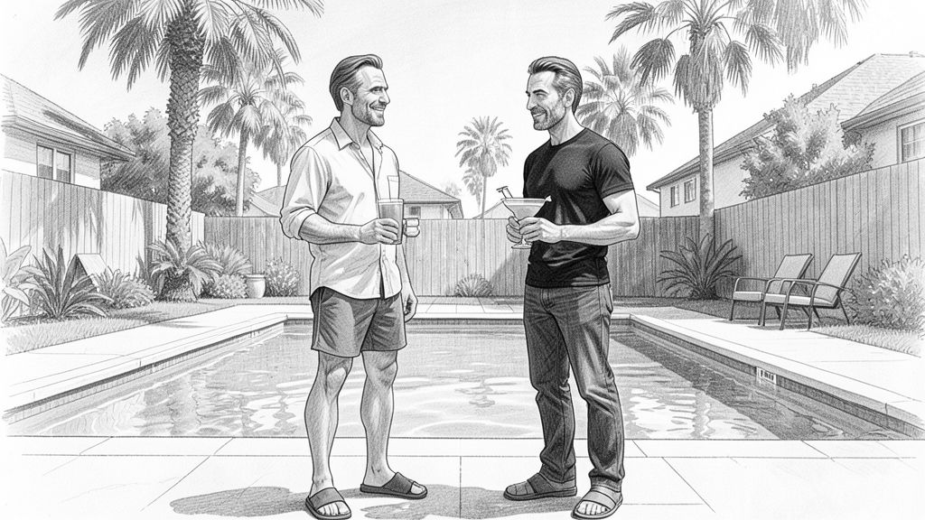 Wide shot, eye level, side profile on a backyard patio by a pool: on the left LEO in a light open-collar shirt and boxer shorts holding one green juice; on the right QUENTIN in a BLACK t-shirt and dark jeans holding a green juice in one hand and a big margarita glass in the other. Palm trees behind.