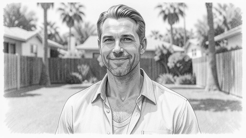 Tight close-up portrait framing, only LEO's face and shoulders fill the whole frame, calm and almost proud, slight smile, eyes looking just off camera, background soft and out of focus.