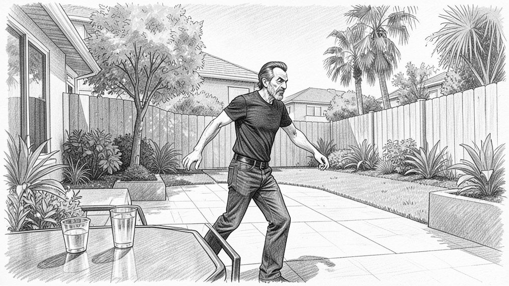 Wide shot from a low angle with a wide lens: QUENTIN turning to storm off across the patio and wobbling, one arm out for balance, two empty glasses on a patio table in the foreground.