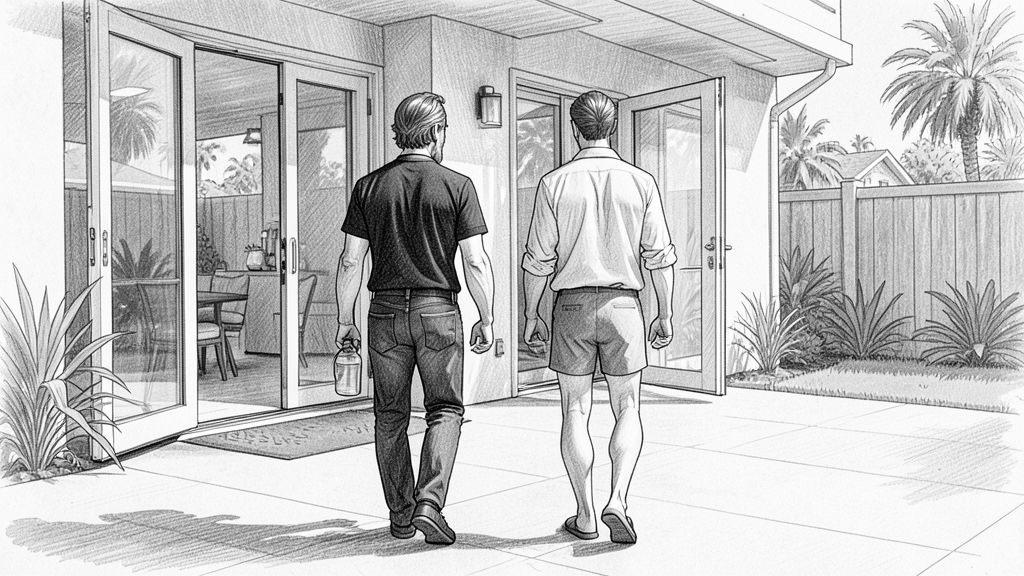 Wide shot, eye level: LEO and QUENTIN seen from behind walking side by side through open glass doors into a modern house, drinks in hand, the empty sunny patio in the foreground.