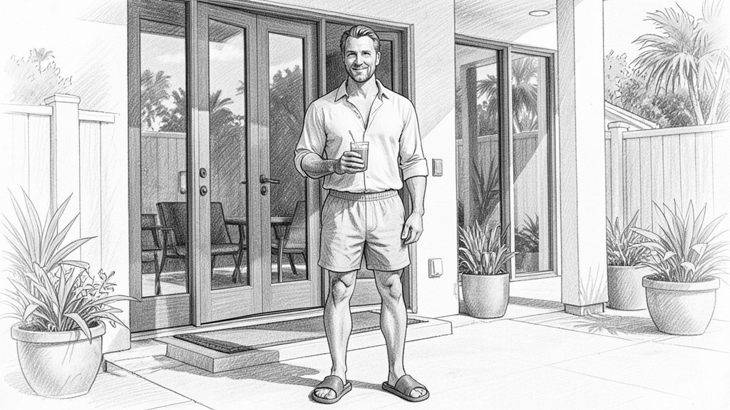 Medium shot, slightly low angle: LEO calm and relaxed, one hand holding a green juice, open-collar shirt, boxer shorts, completely unbothered, house glass doors behind.