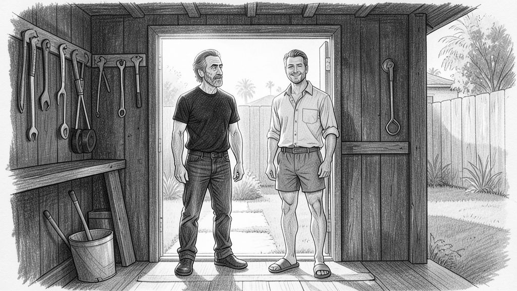 Medium shot from INSIDE a dark wooden tool shed looking out through the open doorway: LEO and QUENTIN framed in the bright doorway, sunlight flooding in around them, tools hanging on the dark walls in the foreground.