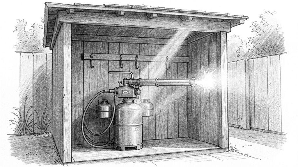 Medium shot of the back wall of a dim wooden tool shed: a large vintage flamethrower with two fuel tanks and a hose rests on hooks, a shaft of daylight falling across it like a holy object. No people.