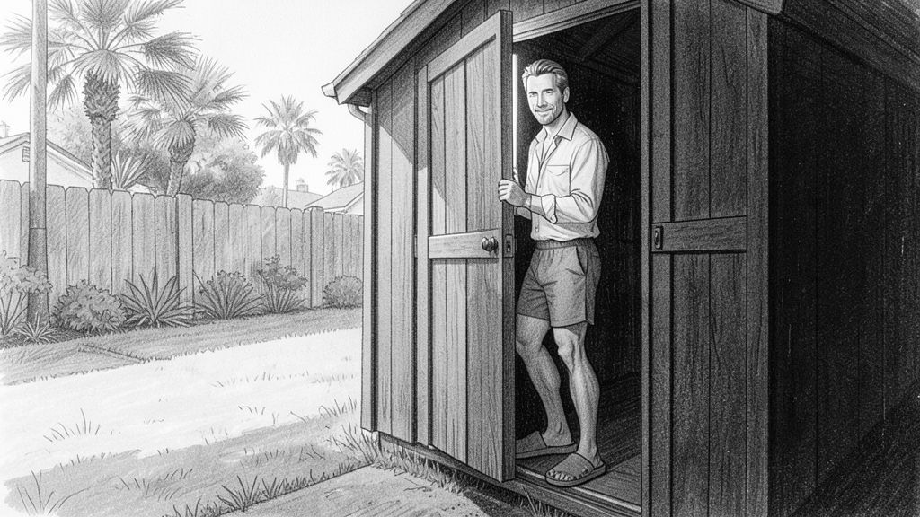 Point of view from INSIDE a pitch-dark tool shed: the wooden door is almost shut, only a narrow vertical strip of bright daylight remains, and in that strip we see half of LEO's calm face as he pulls the door closed from outside.