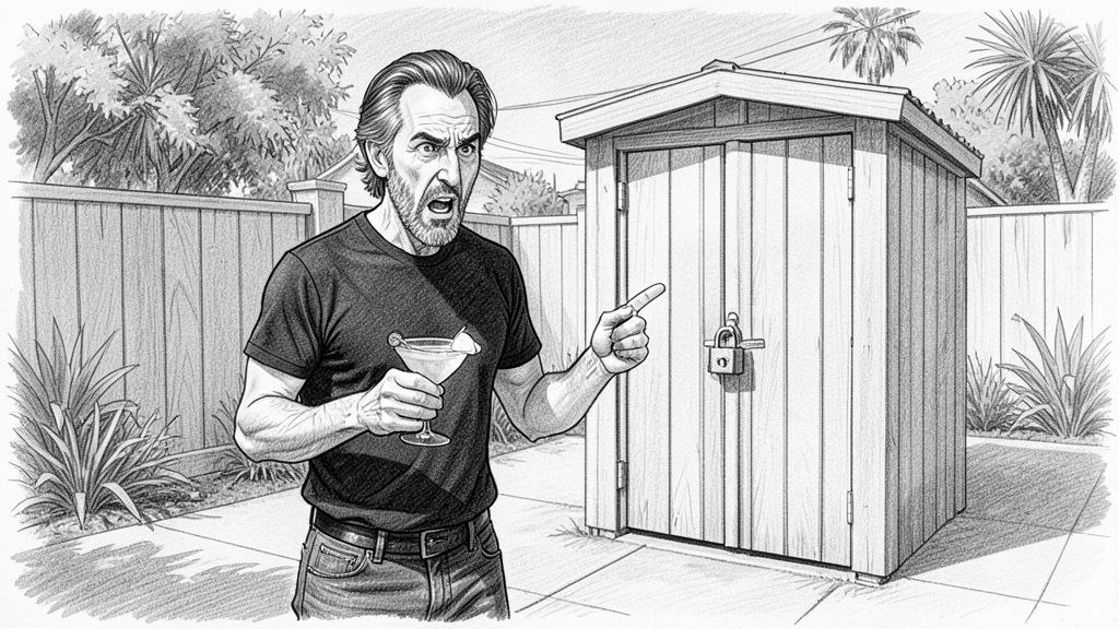 Medium close-up, handheld feel: QUENTIN mid-rant outside a locked tool shed, pointing a finger, eyebrows up, margarita glass in his other hand, a combination padlock on the shed door behind him.