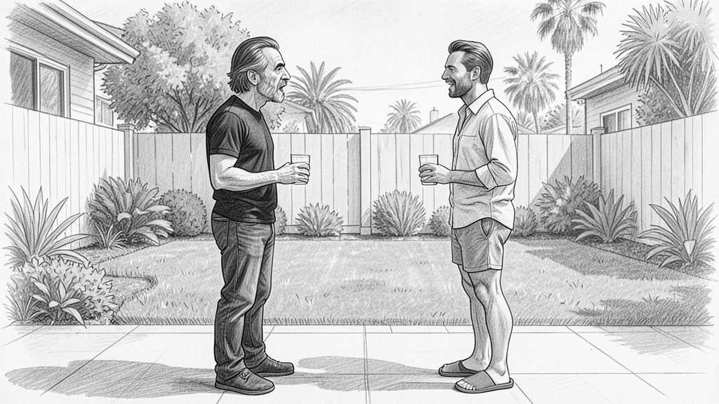 Two-shot in side profile on the patio: LEO and QUENTIN face each other, both say the same words at the same time, mouths open mid-word, perfectly mirrored poses, drinks in hand.