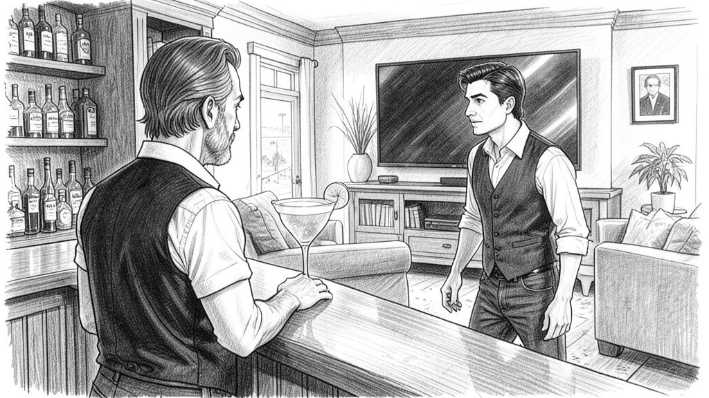 Wide shot from behind a home bar: TOMMY in the foreground with a big margarita glass set on the counter in front of him, and QUENTIN in the background mid-step, stopping and turning his head toward the drink, a living room with a large TV behind.