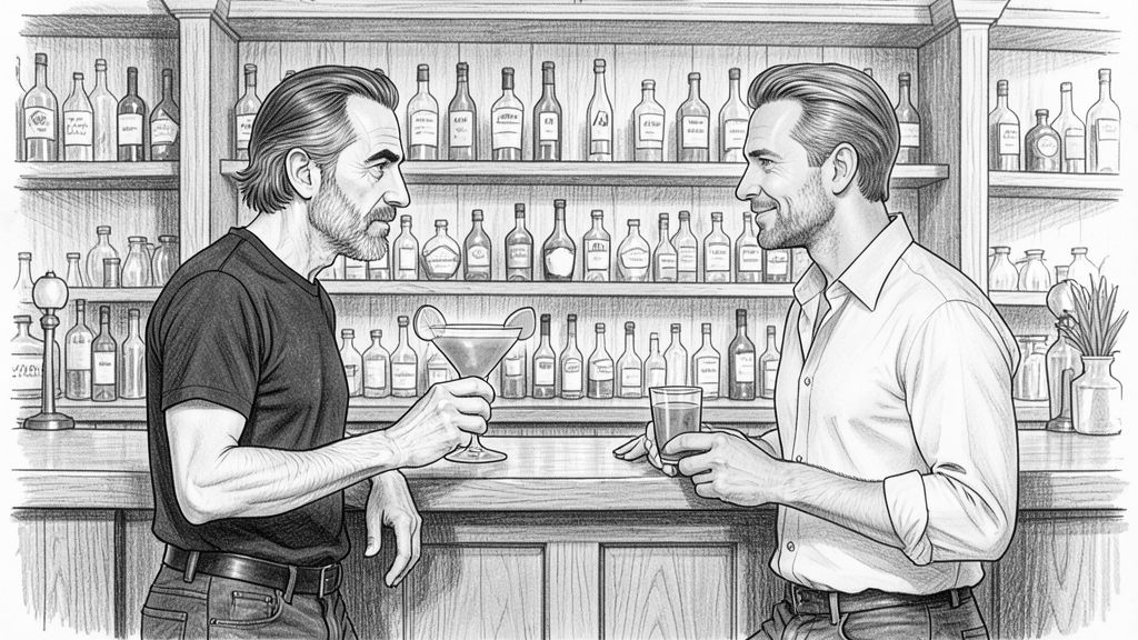 Two-shot across a home bar counter: LEO and QUENTIN face each other in near profile, both perfectly still and deadpan, QUENTIN holding a margarita and a small half glass of green juice, bottles on shelves behind.