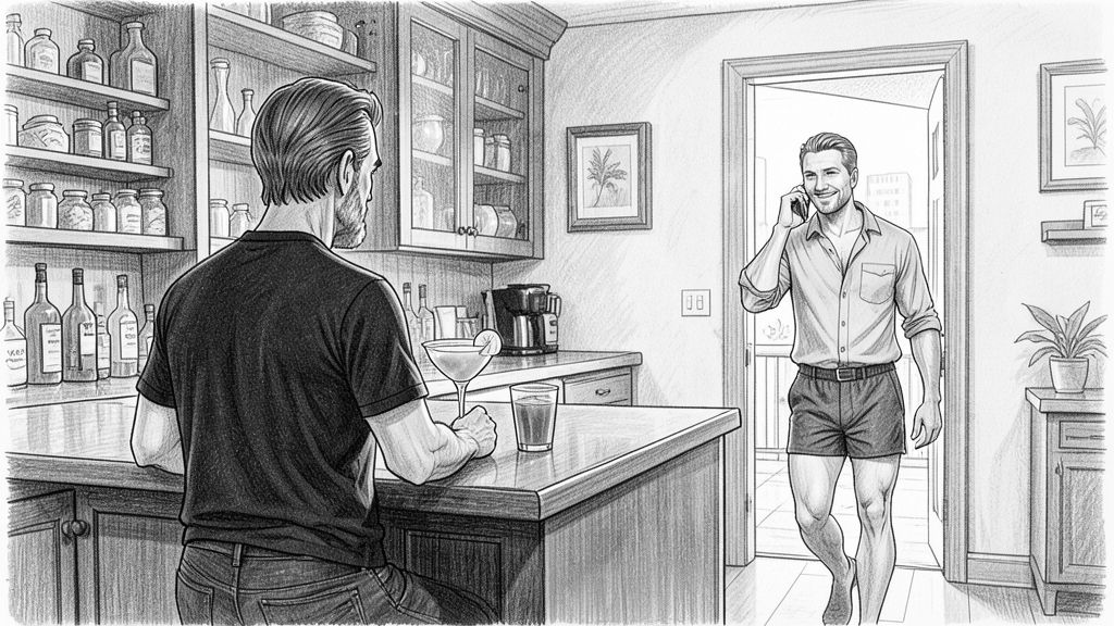 Wide shot from behind a home bar: QUENTIN alone at the counter with a margarita and a half glass of green juice in front of him, watching LEO walk away through a doorway in the background with a phone to his ear.