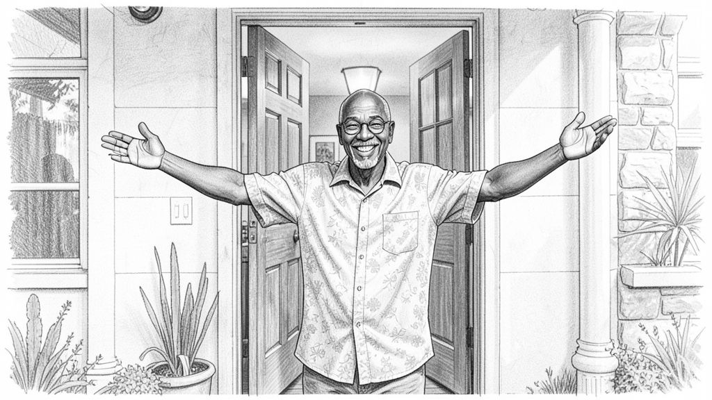 Medium shot over a shoulder in the foreground: SAM standing in his open front doorway with a big welcoming grin and arms opening wide, warm light from the house behind him.