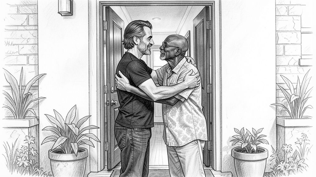 Side-profile two-shot at a front doorway: QUENTIN and SAM in a quick back-slapping hug on the threshold, potted plants by the step, the front door open into a warm hallway.