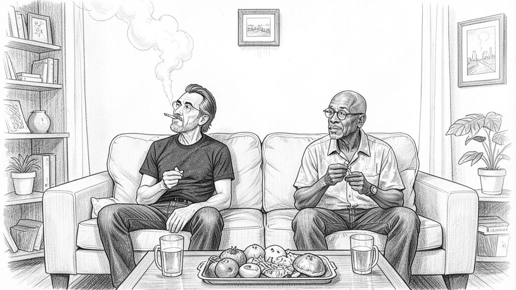 Side-profile two-shot on a couch: SAM and QUENTIN sitting side by side, SAM leaning back blowing a big plume of smoke straight up at the ceiling while QUENTIN holds his own joint and waits his turn, a tray of food and beer glasses on the coffee table in front of them.