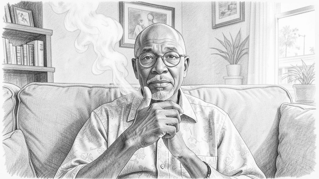 Close-up through a haze of smoke: SAM on a couch looking straight across, calm and unapologetic, joint between two fingers, round glasses catching the light.