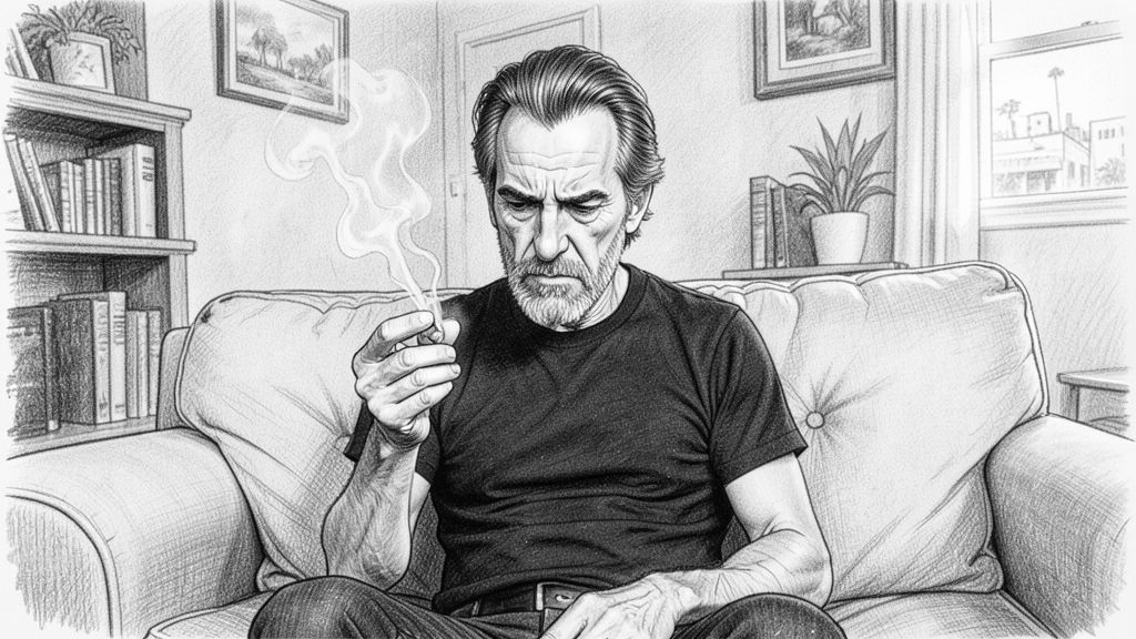 Close-up: QUENTIN on a couch in a haze of smoke, eyebrows down, jaw set, staring straight ahead with sudden resolve, a half-smoked joint held up in one hand.