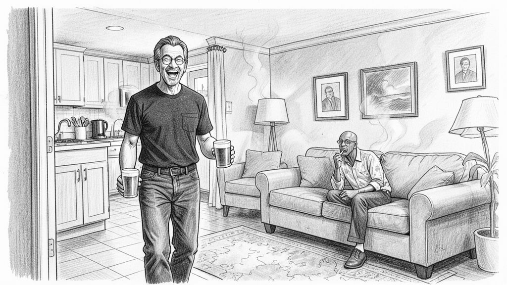Wide shot from a kitchen doorway into a smoky living room: SAM in the foreground walking toward camera with two empty beer glasses, chuckling, and QUENTIN alone on the couch in the background, frozen with a joint halfway to his mouth, the idea dawning on his face.