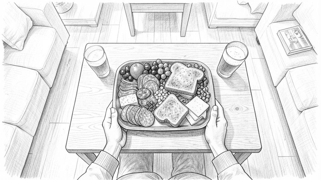 Overhead shot looking straight down on a wooden coffee table: a big tray of sliced meats, cheeses, olives and nuts with two golden grilled cheese sandwiches cut in half, two glasses of cloudy beer beside it, a man's hands just setting the tray down. No faces.