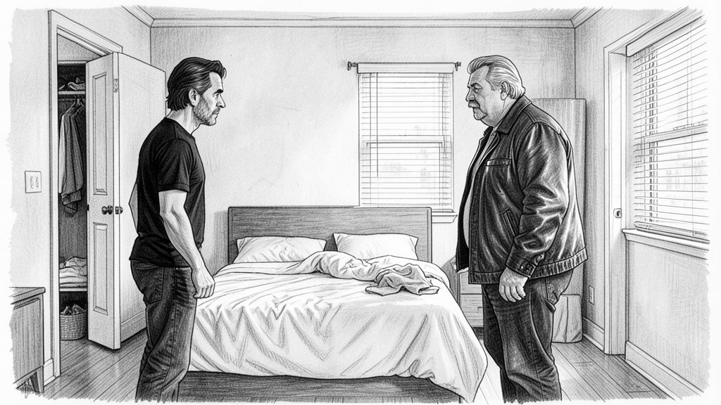 Wide two-shot, eye level, side profile across an unmade bed in a lived-in bedroom: MICHAEL on the left by an open closet door, apologetic, and QUENTIN on the right by the bedroom door, calm, afternoon light through blinds.