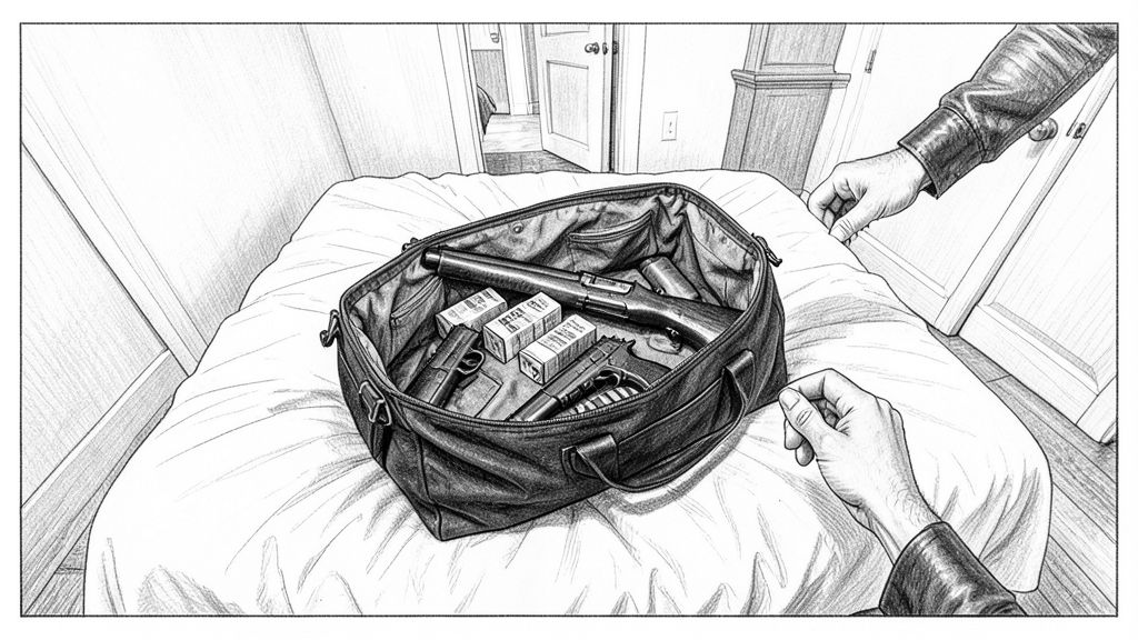 Top-down insert of an open black duffel bag on a rumpled bedspread, two pump shotguns, two handguns and boxes of ammunition laid inside, a man's hand in a leather sleeve dropping in one more ammo box. No faces.