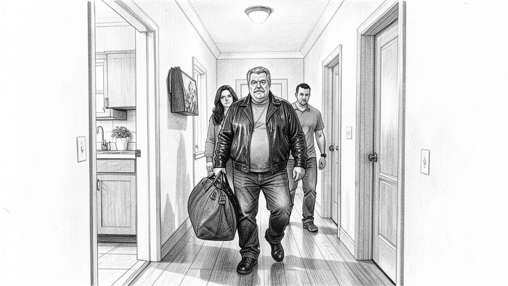 Wide shot down a narrow home hallway: AVA in the foreground with her back half to camera, stepping out of a kitchen doorway, blocking MICHAEL who stops mid-stride with a heavy duffel bag on his shoulder; a front door at the far end.